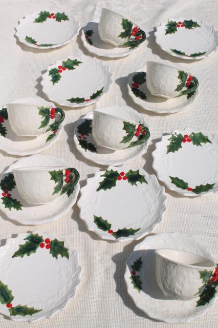 photo of vintage Lefton Christmas holly white china coffee cups dessert plates set, hand painted Japan #2