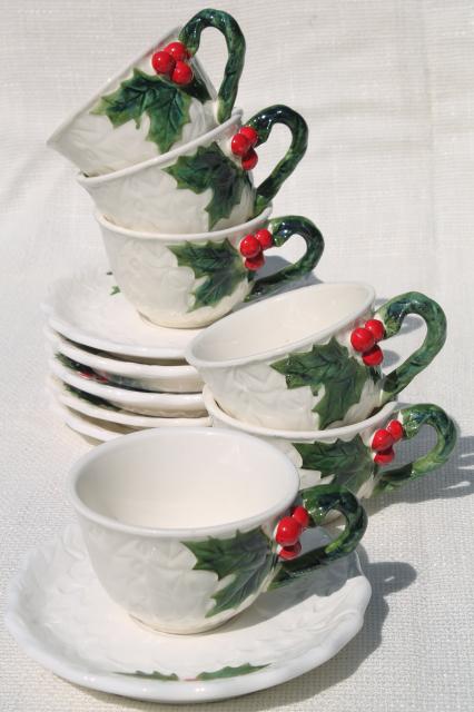 photo of vintage Lefton Christmas holly white china coffee cups dessert plates set, hand painted Japan #5