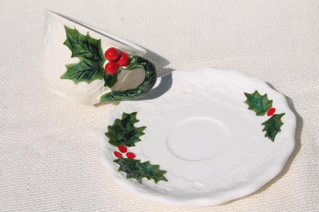 photo of vintage Lefton Christmas holly white china coffee cups dessert plates set, hand painted Japan #8