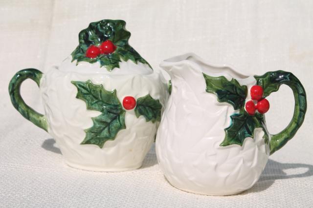 photo of vintage Lefton Christmas holly white china cream & sugar set, hand painted ceramic made in Japan #1