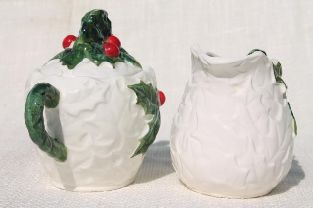 photo of vintage Lefton Christmas holly white china cream & sugar set, hand painted ceramic made in Japan #2