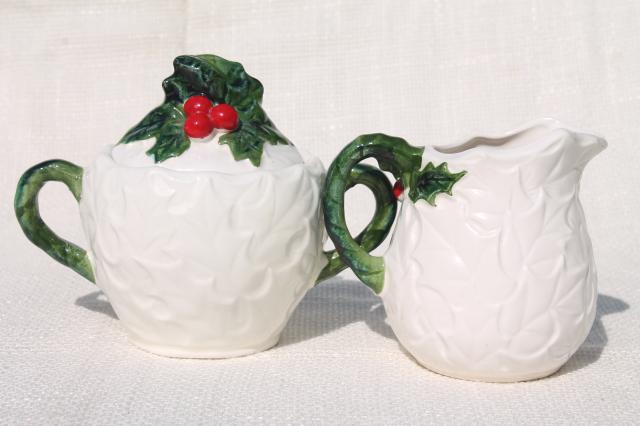 photo of vintage Lefton Christmas holly white china cream & sugar set, hand painted ceramic made in Japan #3