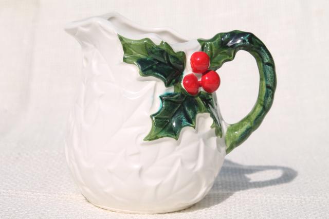 photo of vintage Lefton Christmas holly white china cream & sugar set, hand painted ceramic made in Japan #4