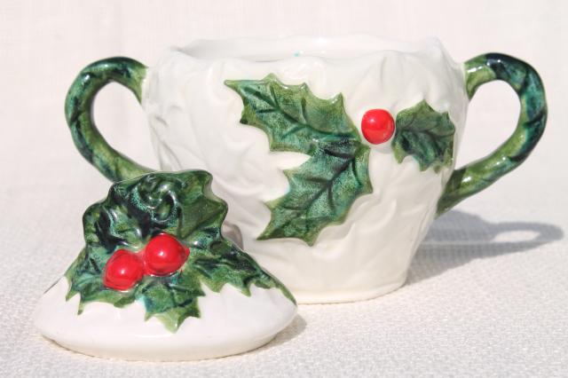 photo of vintage Lefton Christmas holly white china cream & sugar set, hand painted ceramic made in Japan #5