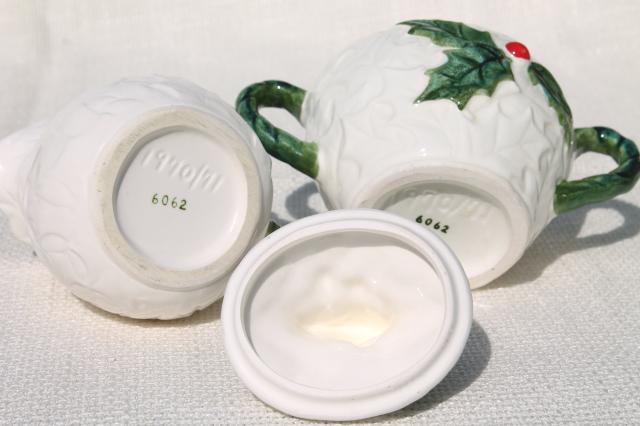 photo of vintage Lefton Christmas holly white china cream & sugar set, hand painted ceramic made in Japan #6