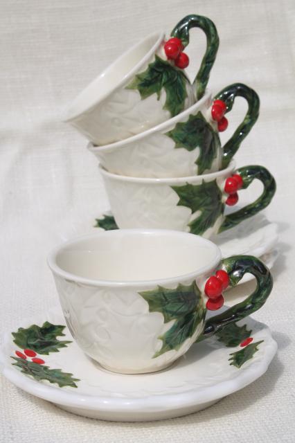 photo of vintage Lefton Christmas holly white china cups & saucers, hand painted ceramic made in Japan #1