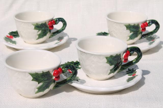 photo of vintage Lefton Christmas holly white china cups & saucers, hand painted ceramic made in Japan #2