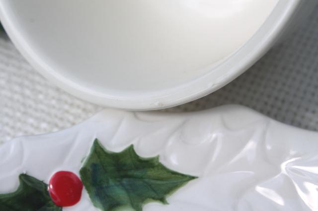 photo of vintage Lefton Christmas holly white china cups & saucers, hand painted ceramic made in Japan #6