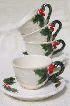 catalog photo of vintage Lefton Christmas holly white china cups & saucers, hand painted ceramic made in Japan