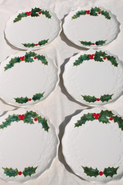 photo of vintage Lefton Christmas holly white china dinner plates, hand painted ceramic made in Japan #4