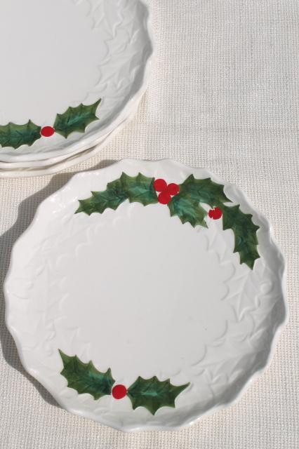 photo of vintage Lefton Christmas holly white china dinner plates, hand painted ceramic made in Japan #5