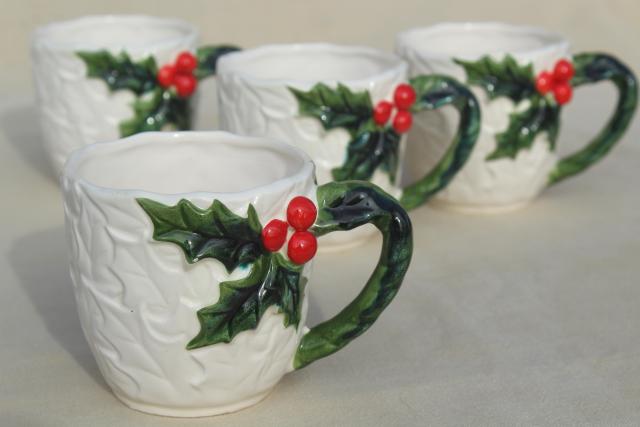 photo of vintage Lefton Christmas mugs, white china  w/ red & green holly, made in Japan #2