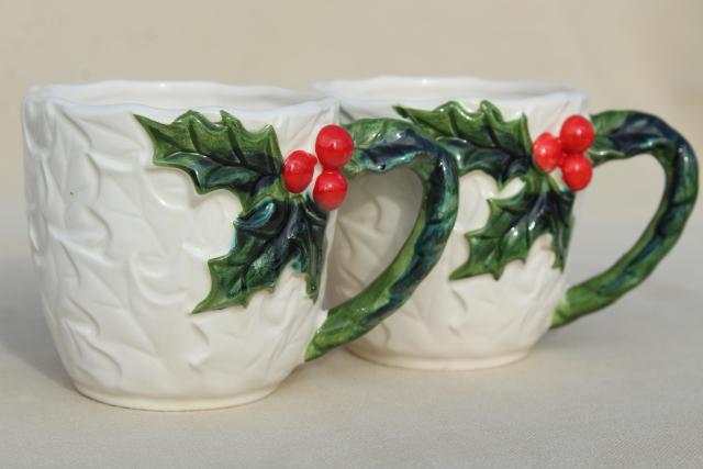 photo of vintage Lefton Christmas mugs, white china  w/ red & green holly, made in Japan #3