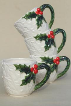 catalog photo of vintage Lefton Christmas mugs, white china  w/ red & green holly, made in Japan