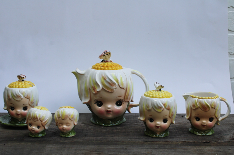 photo of vintage Lefton Japan Thumbelina daisy flower girl pixie teapot, cream & sugar, jam, S&P set  #1