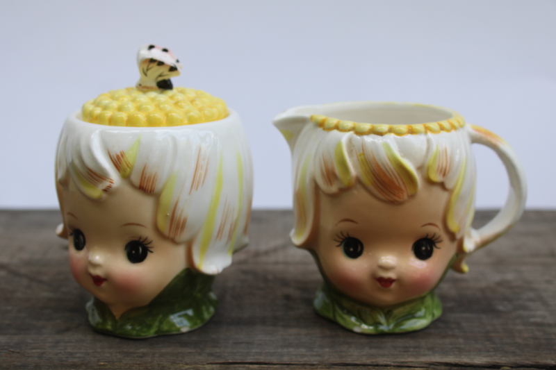 photo of vintage Lefton Japan Thumbelina daisy flower girl pixie teapot, cream & sugar, jam, S&P set  #2