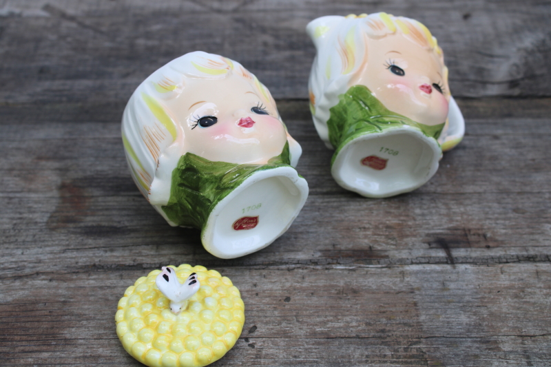 photo of vintage Lefton Japan Thumbelina daisy flower girl pixie teapot, cream & sugar, jam, S&P set  #6