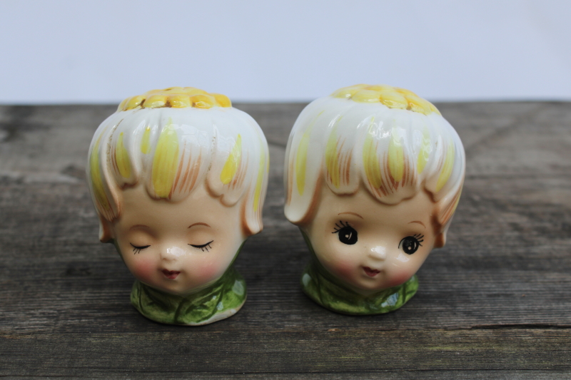 photo of vintage Lefton Japan Thumbelina daisy flower girl pixie teapot, cream & sugar, jam, S&P set  #7