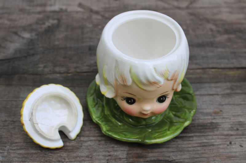 photo of vintage Lefton Japan Thumbelina daisy flower girl pixie teapot, cream & sugar, jam, S&P set  #11