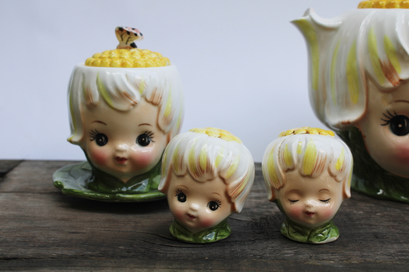photo of vintage Lefton Japan Thumbelina daisy flower girl pixie teapot, cream & sugar, jam, S&P set  #12