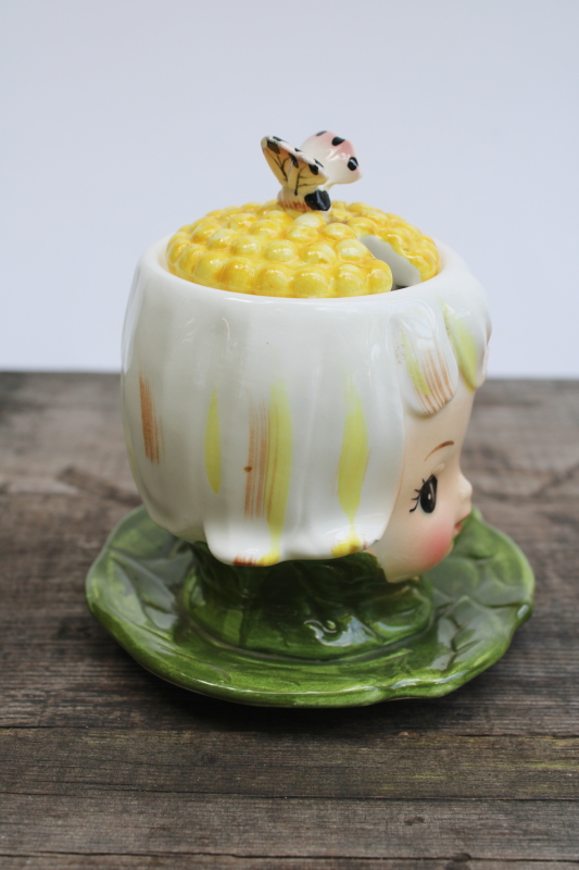 photo of vintage Lefton Japan Thumbelina daisy flower girl pixie teapot, cream & sugar, jam, S&P set  #15