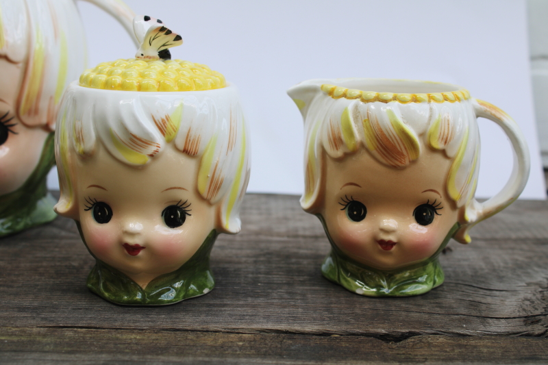 photo of vintage Lefton Japan Thumbelina daisy flower girl pixie teapot, cream & sugar, jam, S&P set  #16