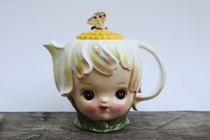 photo of vintage Lefton Japan Thumbelina daisy flower girl pixie teapot, cream & sugar, jam, S&P set  #17