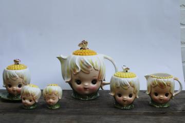 catalog photo of vintage Lefton Japan Thumbelina daisy flower girl pixie teapot, cream & sugar, jam, S&P set 