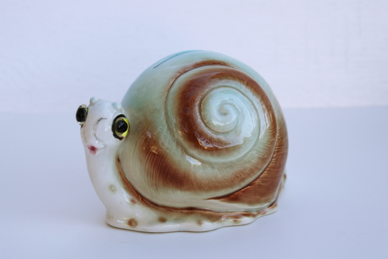 photo of vintage Lefton Japan ceramic bank, anthropomorphic happy snail, 60s 70s retro #1