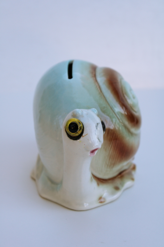 photo of vintage Lefton Japan ceramic bank, anthropomorphic happy snail, 60s 70s retro #2