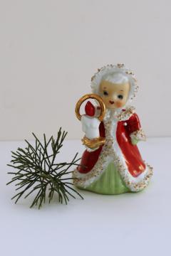 catalog photo of vintage Lefton Japan china figurine, spaghetti Santa girl angel Christmas bell