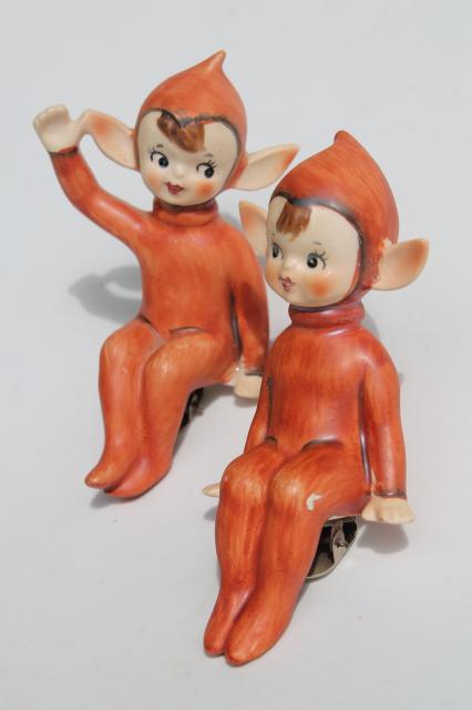 photo of vintage Lefton Japan china pixies clip on ornaments, elf fairies w/ russet red fall color #2