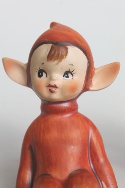 photo of vintage Lefton Japan china pixies clip on ornaments, elf fairies w/ russet red fall color #9