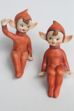 catalog photo of vintage Lefton Japan china pixies clip on ornaments, elf fairies w/ russet red fall color