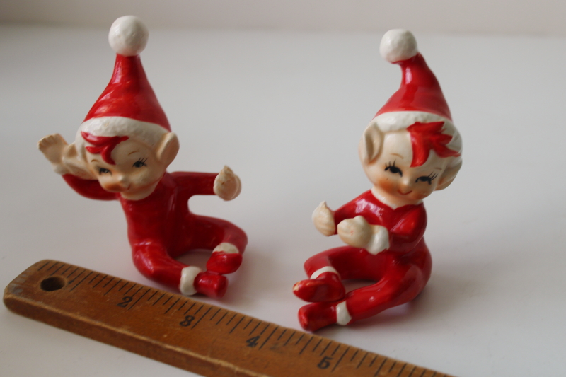 photo of vintage Lefton Japan label Christmas candle huggers holders elf or pixies figurines #1