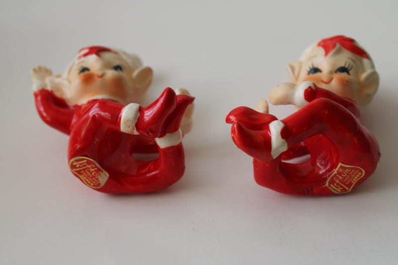 photo of vintage Lefton Japan label Christmas candle huggers holders elf or pixies figurines #2