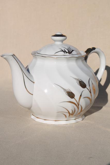 photo of vintage Lefton - Japan wheat pattern teapot, white china tea pot w/ gold wheat #1