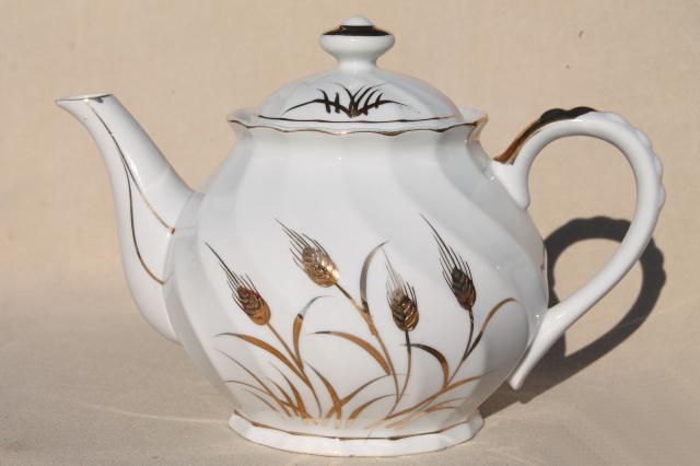 photo of vintage Lefton - Japan wheat pattern teapot, white china tea pot w/ gold wheat #2