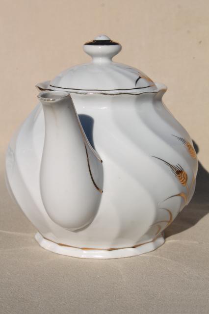photo of vintage Lefton - Japan wheat pattern teapot, white china tea pot w/ gold wheat #3