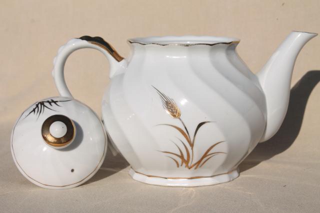 photo of vintage Lefton - Japan wheat pattern teapot, white china tea pot w/ gold wheat #4