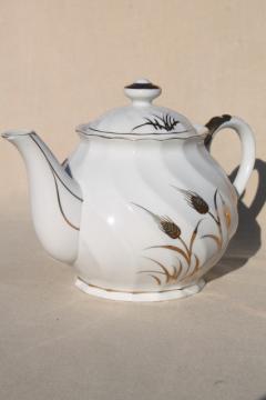 catalog photo of vintage Lefton - Japan wheat pattern teapot, white china tea pot w/ gold wheat