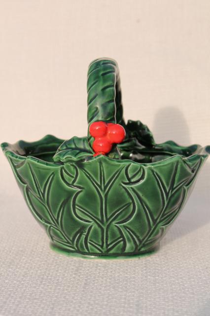 photo of vintage Lefton china Christmas holly berry pattern flower basket or candy dish #5