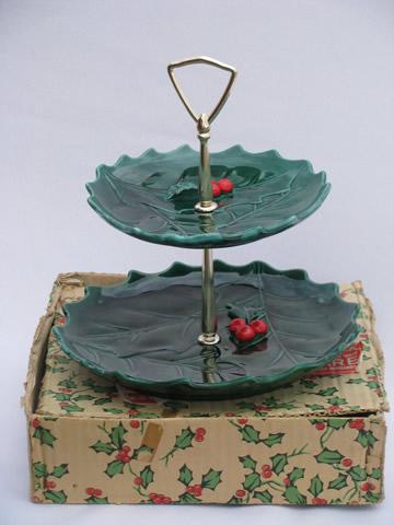 photo of vintage Lefton china Christmas holly tiered plate, two-tier server #1