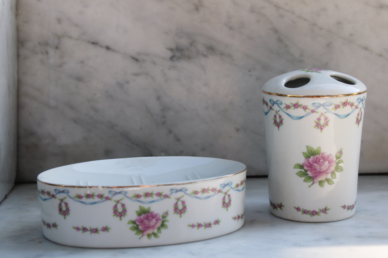 photo of vintage Lefton china bathroom set, toothbush holder large soap dish, pink rose floral swags #1