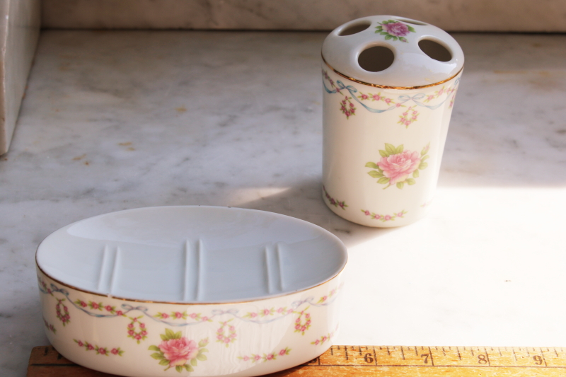 photo of vintage Lefton china bathroom set, toothbush holder large soap dish, pink rose floral swags #5
