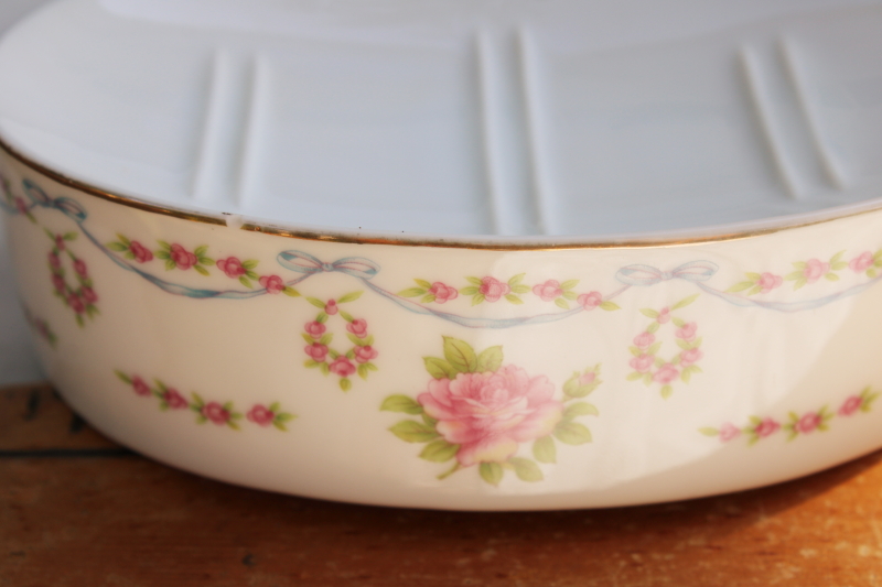 photo of vintage Lefton china bathroom set, toothbush holder large soap dish, pink rose floral swags #6