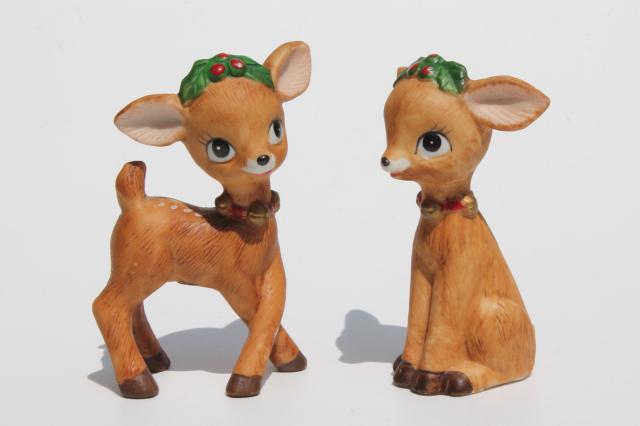photo of vintage Lefton china deer figurines, retro big eyed ceramic Christmas deer babies #1