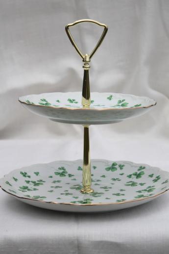 photo of vintage Lefton china green shamrock tiered plate, two-tier tea sandwich or cake tray #1