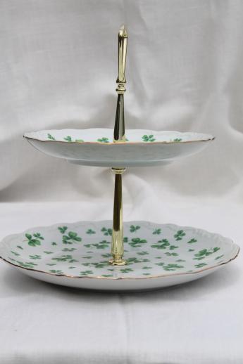 photo of vintage Lefton china green shamrock tiered plate, two-tier tea sandwich or cake tray #2