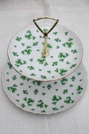 photo of vintage Lefton china green shamrock tiered plate, two-tier tea sandwich or cake tray #3
